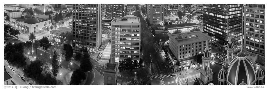 Downtown San Jose buildings after sunset. San Jose, California, USA (black and white)