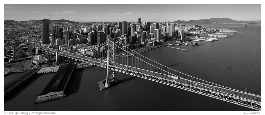 Aerial view of Bay Bridge and downtown skyline. San Francisco, California, USA (black and white)