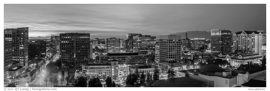 San Jose skyline at dusk from Adobe building to Fairmont hotel. San Jose, California, USA (black and white)