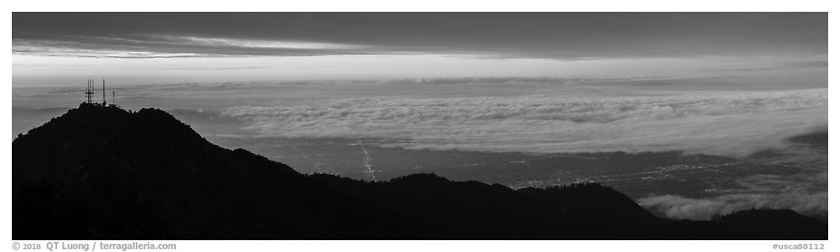 Los Angeles Basin covered with sea of clouds from Mount Wilson, sunrise. San Gabriel Mountains National Monument, California, USA (black and white)