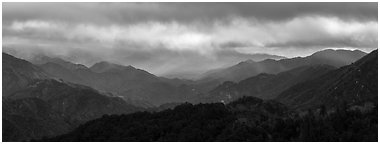 Rolling peaks under storm sky. San Gabriel Mountains National Monument, California, USA (Panoramic black and white)