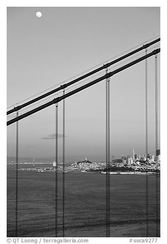 The city seen through the cables of the Golden Gate bridge, sunset. San Francisco, California, USA