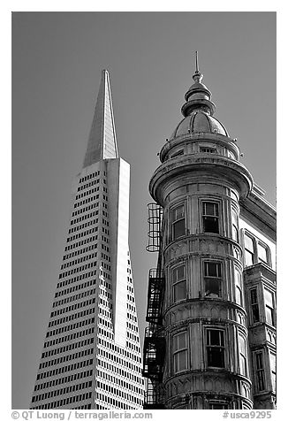Columbus Tower and Transamerica Pyramid. San Francisco, California, USA (black and white)
