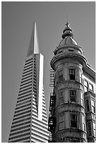 Columbus Tower and Transamerica Pyramid. San Francisco, California, USA (black and white)