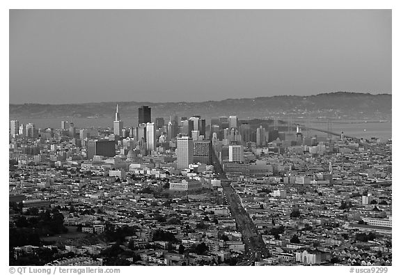 Skyline and Market avenue from Twin Peaks, dusk. San Francisco, California, USA (black and white)