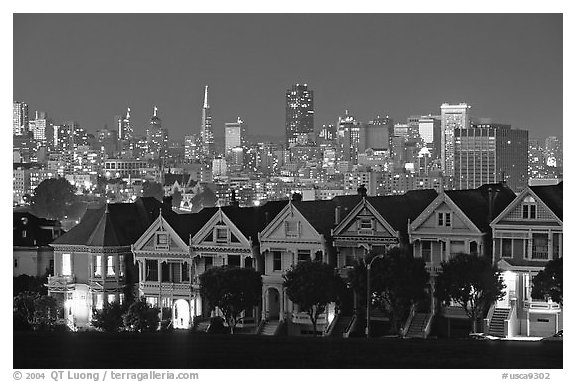 Victorians at Alamo Square and skyline, night. San Francisco, California, USA