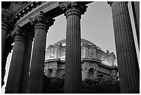 Rotunda seen through peristyle,  the Palace of Fine arts, dusk. San Francisco, California, USA (black and white)