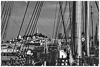 Telegraph Hill and Coit Tower seen through the masts of the Balclutha. San Francisco, California, USA ( black and white)
