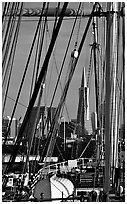 Transamerica Pyramid  seen through the masts of the Balclutha. San Francisco, California, USA ( black and white)