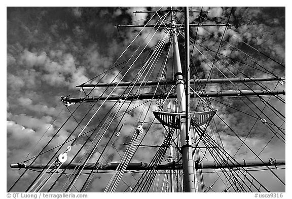 Masts of the Balclutha, Maritime Museum. San Francisco, California, USA (black and white)