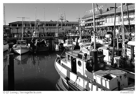 Fishing boats, Fisherman's Wharf. San Francisco, California, USA (black and white)