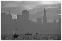 City skyline with sunset clouds seen from Treasure Island. San Francisco, California, USA (black and white)
