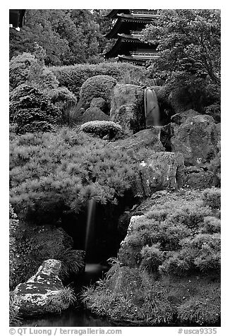 Cascade in the Japanese Garden, Golden Gate Park. San Francisco, California, USA (black and white)