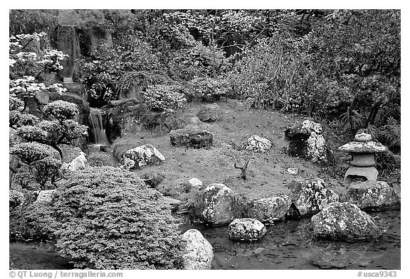 Cascade, rocks, and grass, Japanese Garden, Golden Gate Park. San Francisco, California, USA