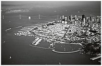 Aerial view of Downtown and Fisherman's wharf. San Francisco, California, USA (black and white)