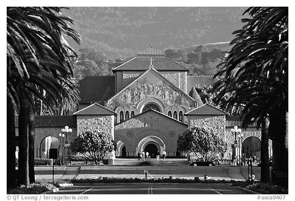 Quad from Palm Drive, late afternoon. Stanford University, California, USA (black and white)