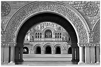 Memorial Church through the Quad's arch, early morning. Stanford University, California, USA (black and white)