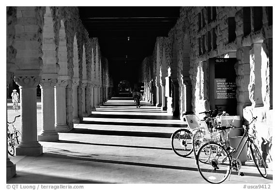 Hallway and bicycles. Stanford University, California, USA (black and white)