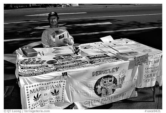 Street Booth advocating Drug legalization. Berkeley, California, USA (black and white)