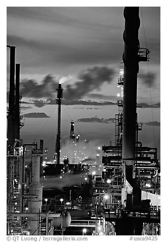 Oil Refinery at sunset, Rodeo. San Pablo Bay, California, USA (black and white)