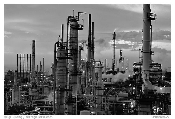 Chimneys of industrial Oil Refinery, Rodeo. San Pablo Bay, California, USA (black and white)