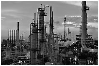 Chimneys of industrial Oil Refinery, Rodeo. San Pablo Bay, California, USA (black and white)