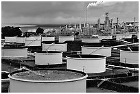 Storage citerns and piples, Oil Refinery, Rodeo. San Pablo Bay, California, USA ( black and white)