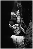 Rocks and trail in Bear Gulch Caves. Pinnacles National Park, California, USA. (black and white)