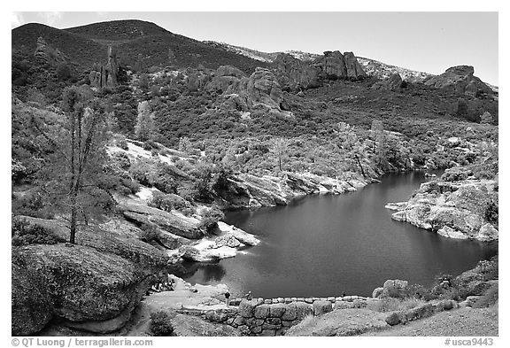 Bear Gulch Dam and reservoir. Pinnacles National Park (black and white)