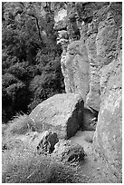 Volcanic rock cliffs. Pinnacles National Park, California, USA. (black and white)