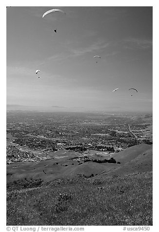 Paragliders, Mission Peak Regional Park. California, USA (black and white)