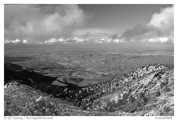 Looking towards the delta from the summit after a snow storm, Mt Diablo State Park. California, USA (black and white)