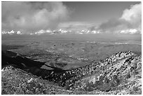 Looking towards the delta from the summit after a snow storm, Mt Diablo State Park. California, USA (black and white)