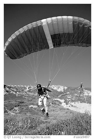 Paraglider launching, the Dumps, Pacifica. San Mateo County, California, USA