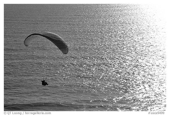 Paraglider above the ocean, the Dumps, Pacifica. San Mateo County, California, USA (black and white)