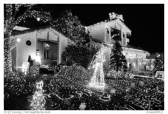 House with Christmas Lights. San Jose, California, USA (black and white)