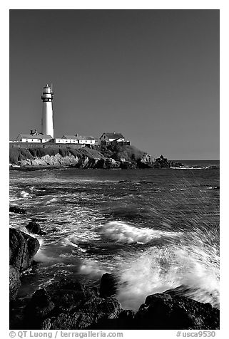 Surf and Pigeon Point Lighthouse, afternoon. San Mateo County, California, USA (black and white)