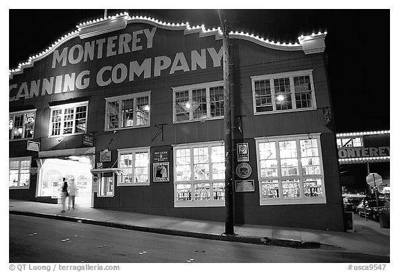Cannery Row building at night, Monterey. Monterey, California, USA (black and white)