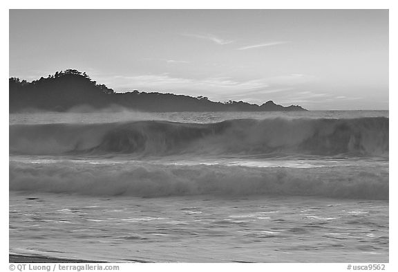 Surf at  sunset,  Carmel River State Beach. Carmel-by-the-Sea, California, USA (black and white)