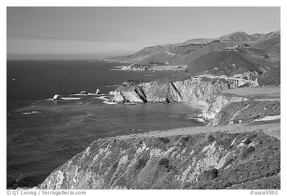 Distant view of Bixby Creek Bridge and coast. Big Sur, California, USA (black and white)