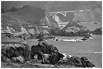 Rocky coast and Bixbie Creek Bridge. Big Sur, California, USA ( black and white)