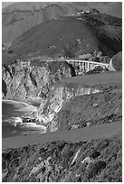 Distant view of Bixby Creek Bridge and coast. Big Sur, California, USA (black and white)