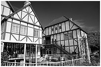 Half-timbered houses, Danish village of Solvang. California, USA (black and white)