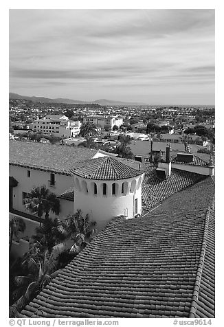 Rooftop of the courthouse with red tiles. Santa Barbara, California, USA (black and white)