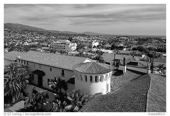 Red tile rooftops of the courthouse. Santa Barbara, California, USA (black and white)