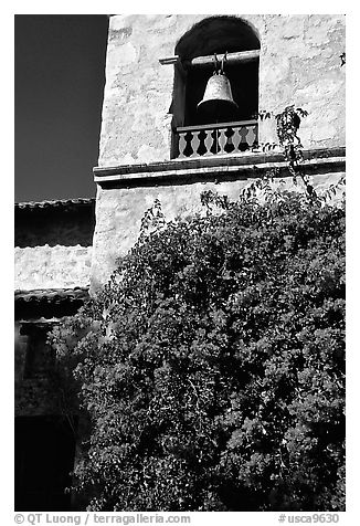 Bell tower of Carmel Mission. Carmel-by-the-Sea, California, USA (black and white)