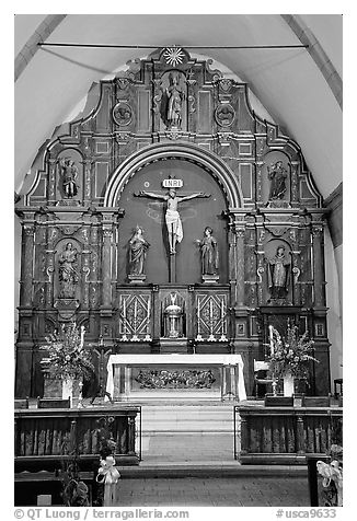 Altar detail, Carmel Mission. Carmel-by-the-Sea, California, USA (black and white)