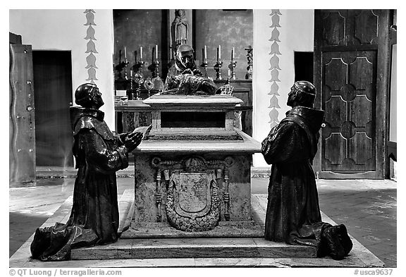 Statues of the fathers, Carmel Mission. Carmel-by-the-Sea, California, USA (black and white)