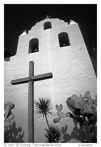 Cross and bell tower, Mission Santa Inez. California, USA