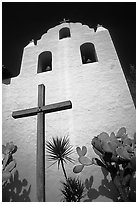 Cross and bell tower, Mission Santa Inez. California, USA (black and white)